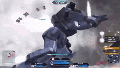 a video game screen shows a robot shooting a gun and the time being 01:27