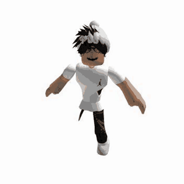 a roblox character wearing a white shirt and black pants is walking .