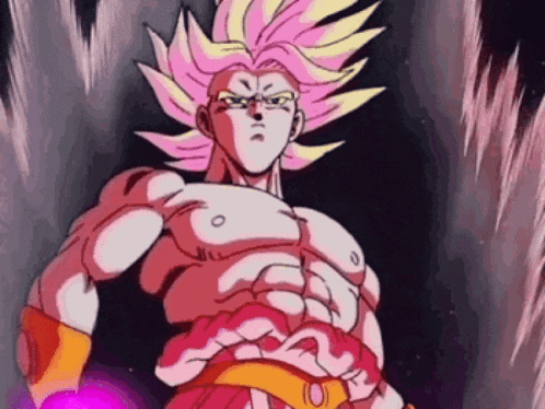 a cartoon character with pink hair and yellow hair is holding a purple ball .