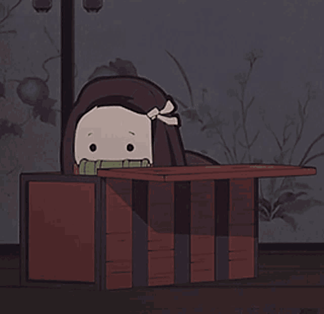 a cartoon character with a bow on her head is sitting in a wooden box