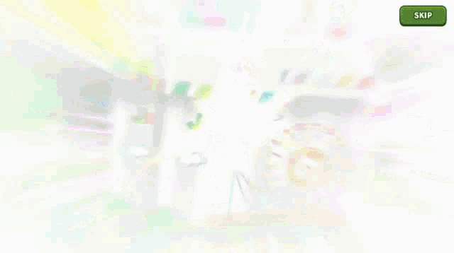 a girl in a white dress is jumping in a video game with a green skip button in the corner