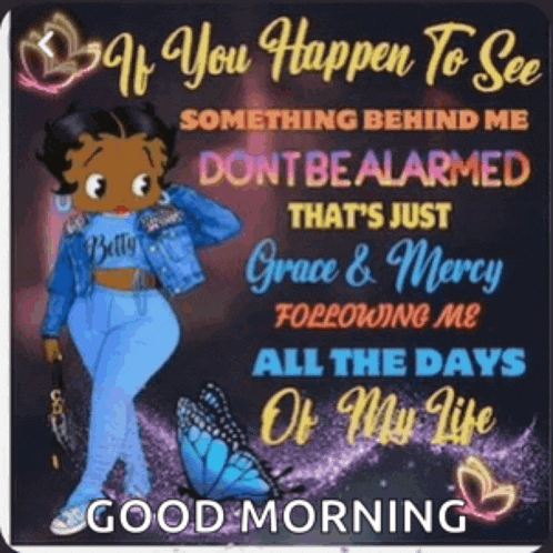 a picture of betty boop with a butterfly and a good morning message .