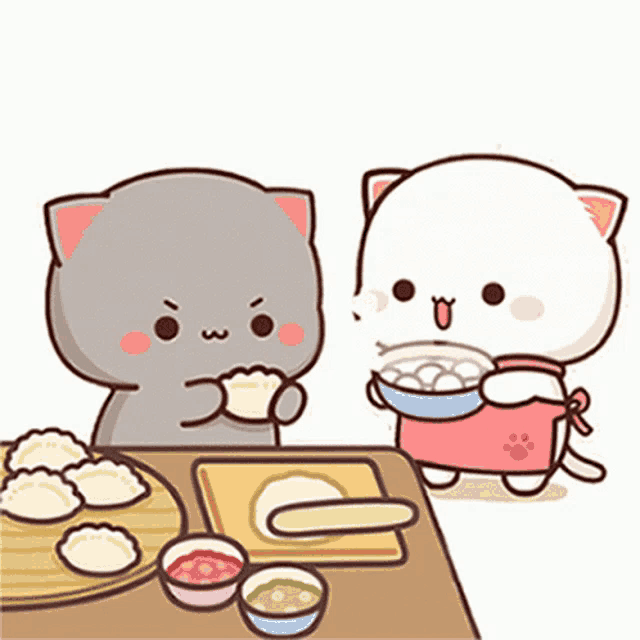 two cartoon cats are sitting at a table eating food and cooking .