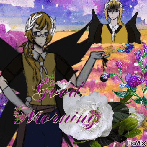 a picture of a man with wings and the words good morning on the bottom