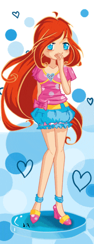 a cartoon of a girl with red hair and blue eyes with hearts around her