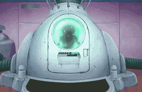 a cartoon drawing of a robot with a green light coming out of it 's eye