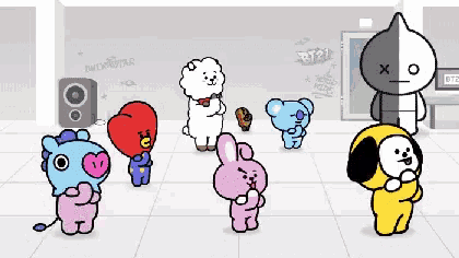 a group of cartoon characters are dancing in a room with graffiti on the wall that says infinite star