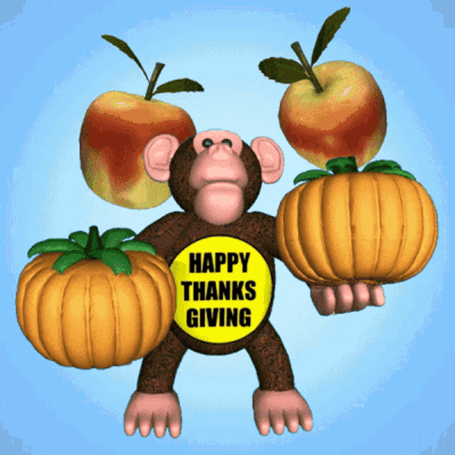 a monkey holding pumpkins and apples with a happy thanksgiving sticker on his shirt