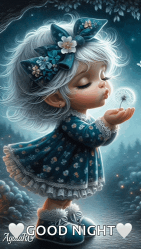 a painting of a little girl blowing a dandelion with the words good night below her