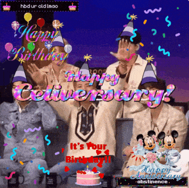 a group of people wearing party hats with the words happy anniversary