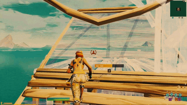 a screenshot of a video game shows a person standing on a wooden platform with a red circle in the middle