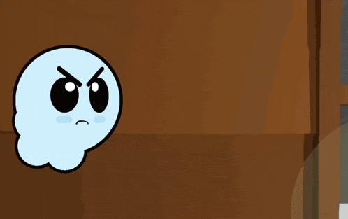a cartoon ghost with an angry face is standing in front of a brown wall