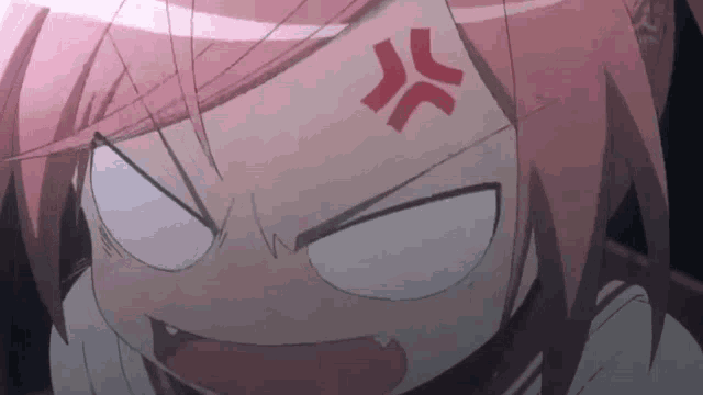 a girl with pink hair is making an angry face and has a red circle on her forehead
