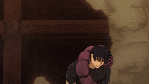 a man in a black shirt is carrying a purple monster on his shoulders