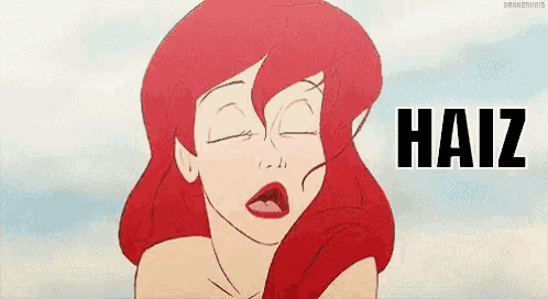 a cartoon of ariel from the little mermaid is yawning with her eyes closed and the word haiz in the background .