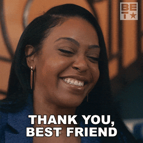 a woman is smiling with the words thank you best friend above her