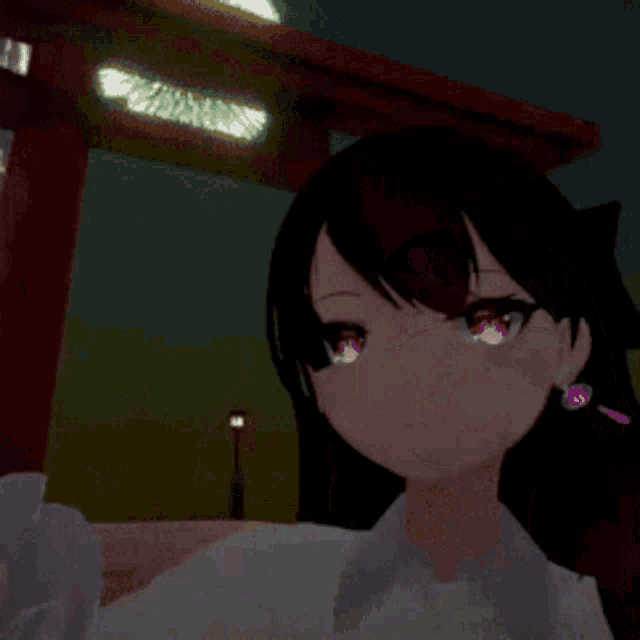 a girl with red eyes is standing in front of a red archway
