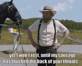 a man in a straw hat and suspenders stands in front of a horse