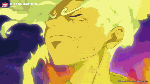 a colorful drawing of a man with a toei animation logo on the bottom