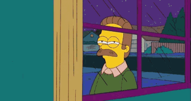 a cartoon of a man with a mustache looking out a window