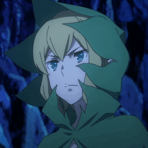 a blonde anime character with blue eyes and a green hood