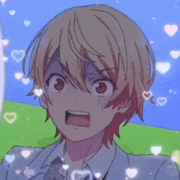 a boy with blonde hair and red eyes is surrounded by hearts and hearts .