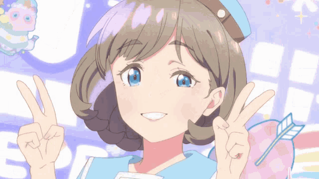 a girl giving a peace sign in front of a sign that says pe
