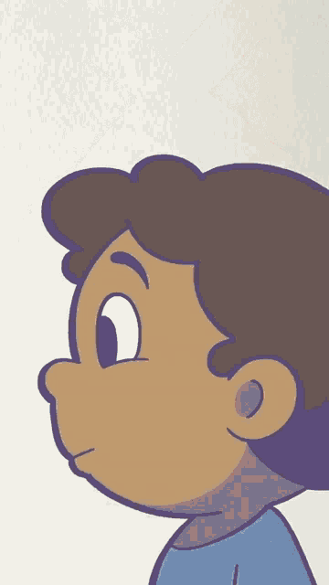 a close up of a cartoon boy 's face with a blue shirt on