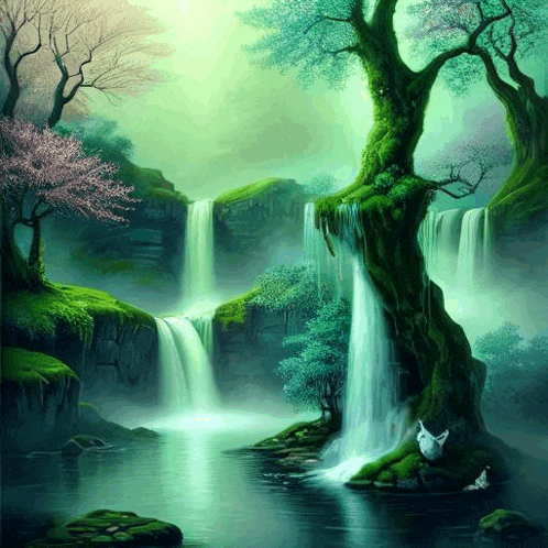 a painting of a waterfall in a forest with trees