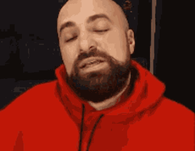 a bald man with a beard is wearing a red hoodie .