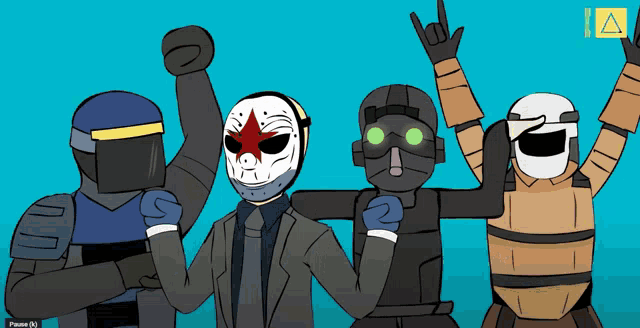 a group of cartoon characters with one wearing a mask that has a red star