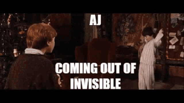 a young boy is sitting on a bed with a meme coming out of his mouth that says aj coming out of invisible .