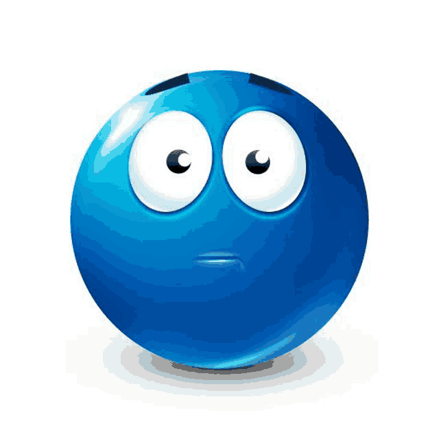 a blue smiley face with big eyes and a sad look on his face .