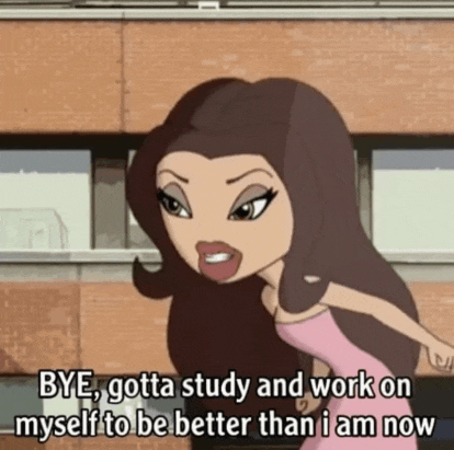 a cartoon of a girl saying bye gotta study and work on myself to be better than i am now