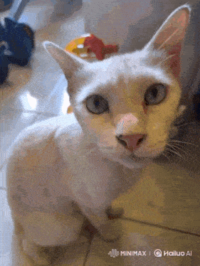 a white cat with blue eyes is sitting on a tiled floor with a watermark that says hailuo ai