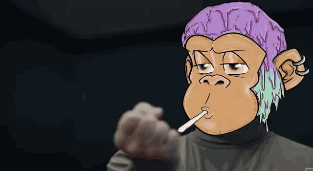 a cartoon monkey is smoking a cigarette with a purple hat on