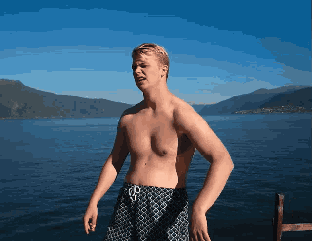 a shirtless man in swim trunks stands in front of a lake with mountains in the background