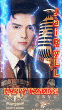 a picture of a man holding a microphone with the words happy tasking below him