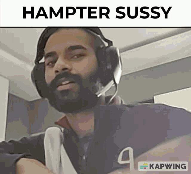 a man wearing headphones says hampter sussy on the bottom