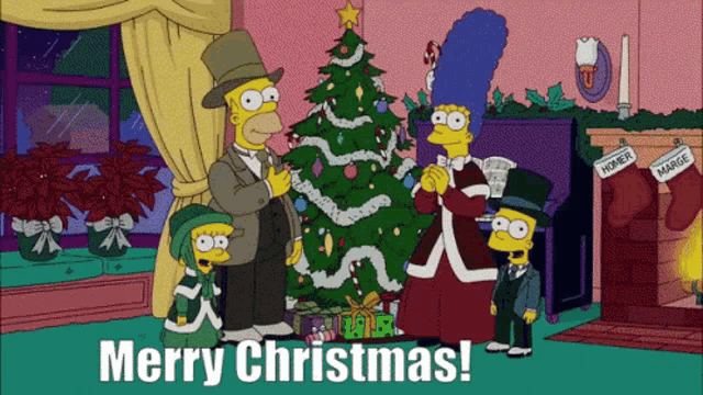 a cartoon of homer simpson and marge simpson with the words merry christmas