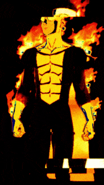 a cartoon of a man standing in front of a flame