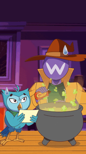 a cartoon character with the letter w on his head is standing next to an owl