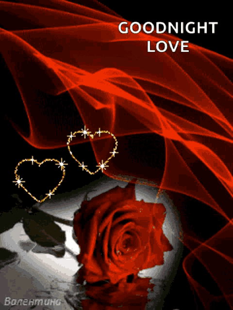 a goodnight love greeting card with a red rose and two hearts