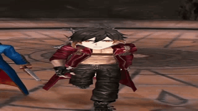 a video game character with a red jacket and black pants