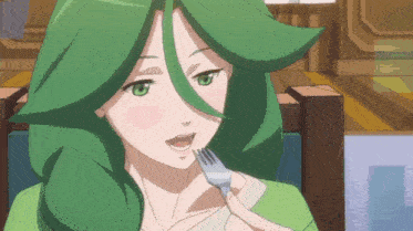 a woman with green hair is eating with a fork