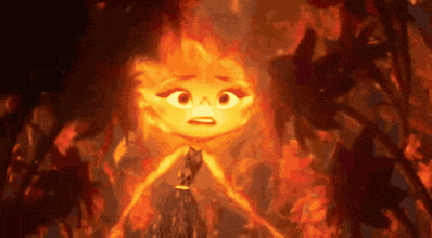 a cartoon character is standing in the middle of a fire with a surprised look on her face