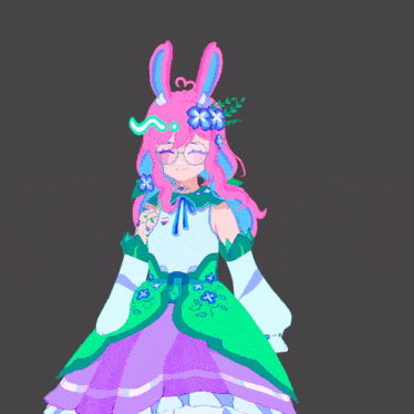 a girl with pink hair and bunny ears is wearing a purple dress
