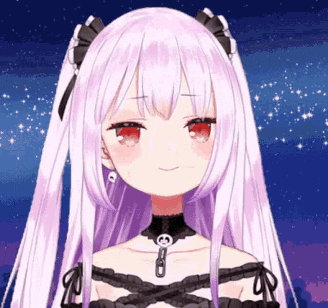an anime girl with purple hair and red eyes