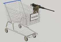 a shopping cart with a gun in it and a sign that says wank on it