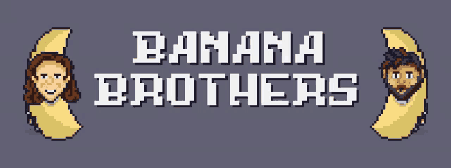 a pixel art advertisement for banana brothers with a man and woman wrapped in bananas